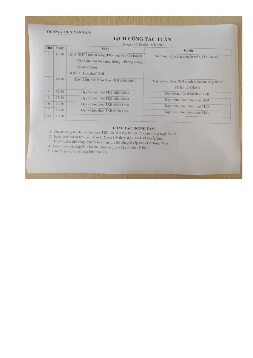 LỊCH CÔNG TÁC TUẦN 06 (từ ngày 10/10/2022 đến ngày 16/10/2022)