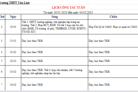 LỊCH CÔNG TÁC TUẦN 22 (từ ngày 30/1/2023 đến ngày 04/2/2023)