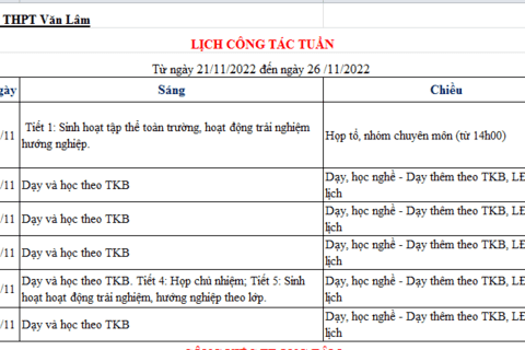 LỊCH CÔNG TÁC TUẦN 12 (từ ngày 21/11/2022 đến ngày 26/11/2022)