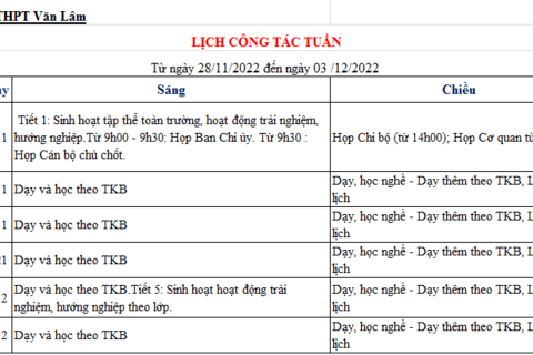 LỊCH CÔNG TÁC TUẦN 13 (từ ngày 28/11/2022 đến ngày 03/12/2022)