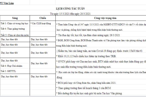 Lịch làm việc tuần 28 (từ ngày 15/3/2021 đến ngày 20/3/2021)