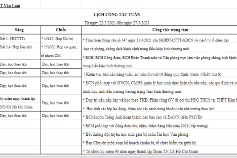 Lịch làm việc tuần 29 (từ ngày 22/03/2021 đến ngày 27/03/2021)