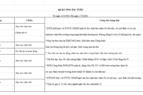 Lịch làm việc tuần 32 (từ ngày 12/4/2021 đến ngày 17/4/2021)
