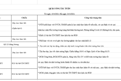 Lịch làm việc tuần 33 (từ ngày 19/4/2021 đến ngày 24/4/2021)