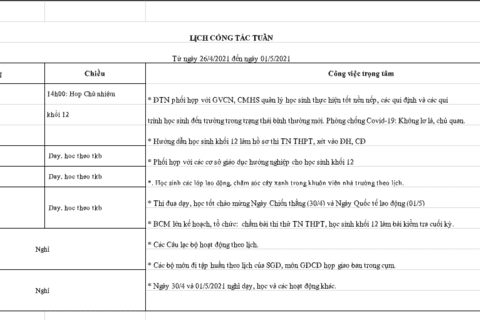 Lịch công tác tuần 34 (từ ngày 26/4/2021 đến ngày 01/5/2021)