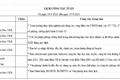 Lịch làm việc tuần 36 (từ ngày 10/5/2021 đến ngày 15/5/2021)