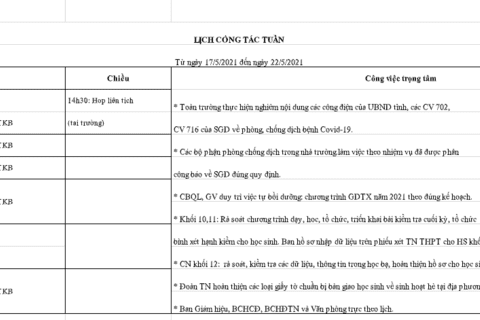 Lịch công tác tuần 37 (từ ngày 17/5/2021 đến ngày 22/5/2021)