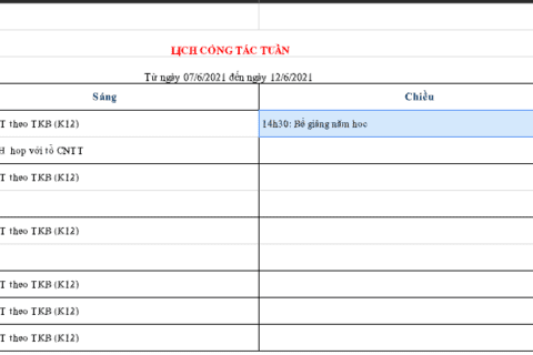Lịch làm việc từ ngày 07/6/2021 đến ngày 12/6/2021