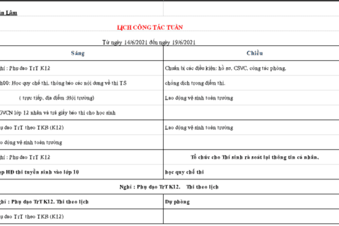 Lịch làm việc từ ngày 14/6/2021 đến ngày 19/6/2021