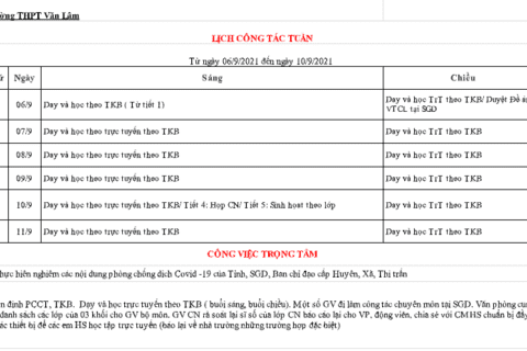 Lịch công tác tuần 1 (từ ngày 06/9/2021 đến ngày 10/9/2021)