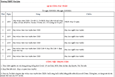 Lịch công tác tuần 3 (từ ngày 20/9/2021 đến ngày 25/9/2021)