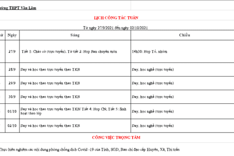 Lịch công tác tuần 4 (từ ngày 27/9/2021 đến ngày 2/10/2021)