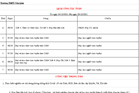 Lịch công tác tuần 5 (từ ngày 04/10/2021 đến ngày 9/10/2021)