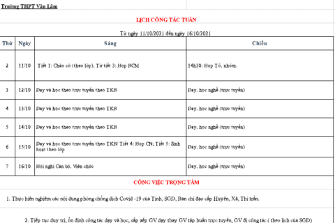Lịch công tác tuần 6 (từ ngày 11/10/2021 đến ngày 16/10/2021)