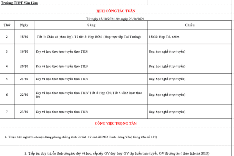 Lịch công tác tuần 7 (từ ngày 18/10/2021 đến ngày 23/10/2021)
