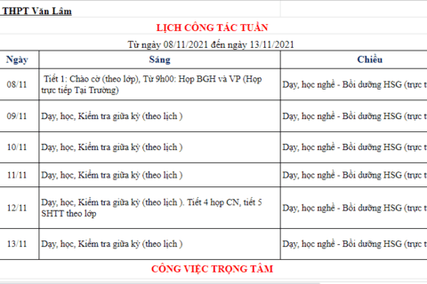 Lịch công tác tuần 10 (từ ngày 08/11/2021 đến ngày 13/11/2021)
