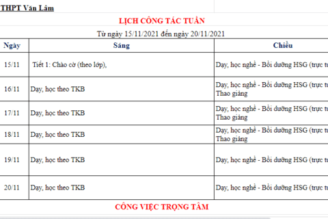 Lịch công tác tuần 11 (từ ngày 15/11/2021 đến ngày 20/11/2021)