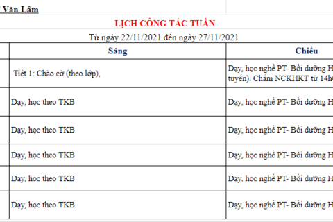 Lịch công tác tuần 12 (từ ngày 22/11/2021 đến ngày 27/11/2021)