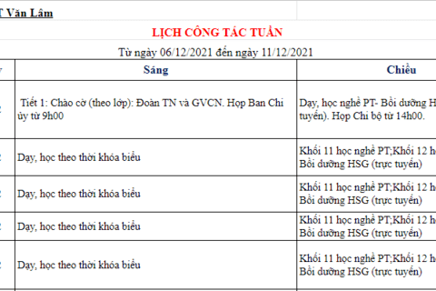 Lịch công tác tuần 14 (từ ngày 06/12/2021 đến ngày 11/12/2021)