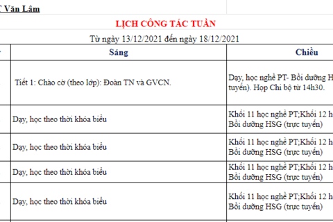 Lịch công tác tuần 15 (từ ngày 13/12/2021 đến ngày 18/12/2021)