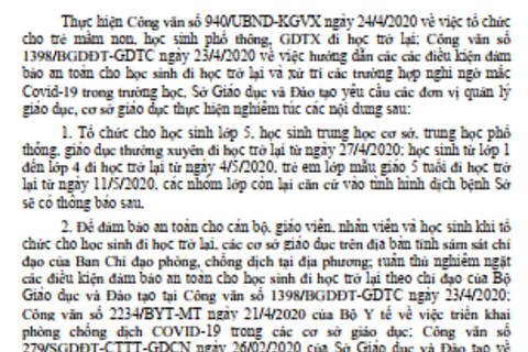 Số 666/SGDĐT-CTTT-GDCN- Tổ chức cho học sinh đi học trở lại và thực hiện các yêu cầu về công tác phòng chống dịch bệnh tại cơ sở giáo dục