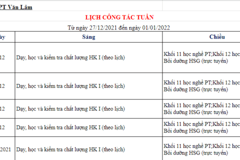 Lịch công tác tuần 17 (từ ngày 27/12/2021 đến ngày 01/01/2022)