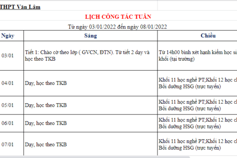 Lịch công tác tuần 18 (từ ngày 03/01/2022 đến ngày 08/01/2022)