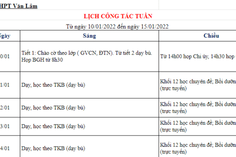 Lịch công tác tuần 19 (từ ngày 10/1/2022 đến ngày 15/1/2022)