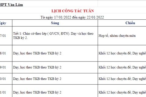 Lịch công tác tuần 20 (từ ngày 17/01/2022 đến ngày 22/01/2022)