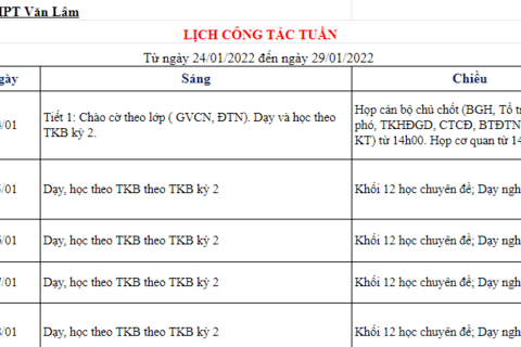 Lịch công tác tuần 21 (từ ngày 24/1/2022 đến ngày 29/01/2022)