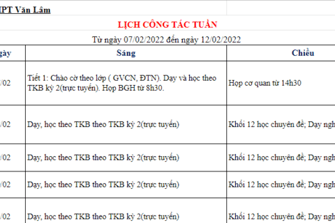 Lịch công tác tuần 22 (từ ngày 07/2/2022 đến ngày 12/2/2022)