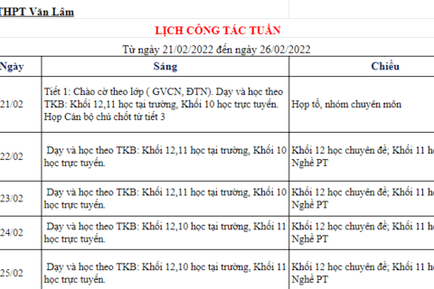 Lịch công tác tuần 24 (từ ngày 21/2/202 đến ngày 26/02/2022)
