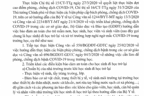Số 1398/BGDĐT-GDTC- Hướng dẫn các điều kiện đảm bảo an toàn cho học sinh đi học trở lại và xử trí trường hợp nghi ngờ mắc COVID-19 trong trường học