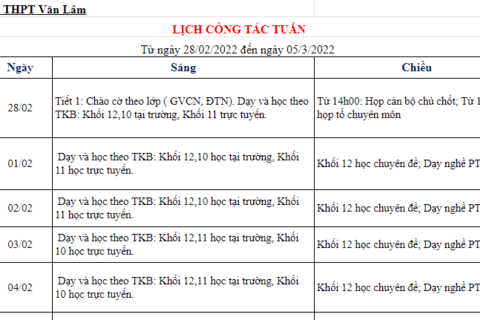 Lịch công tác tuần 25 (từ ngày 28/2/2022 đến ngày 5/3/2022)