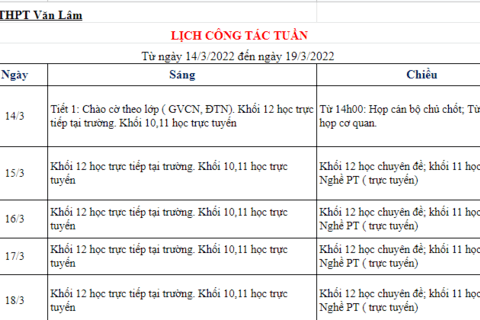 Lịch công tác tuần 27 (từ ngày 14/3/2022 đến ngày 19/3/2022)
