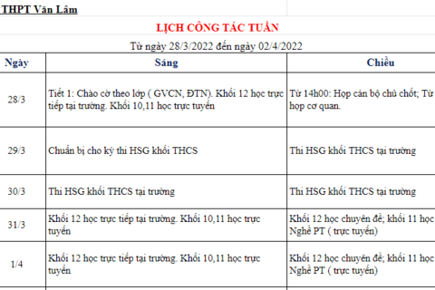 Lịch công tác tuần 29 (từ ngày 28/3/2022 đến ngày 02/4/2022)