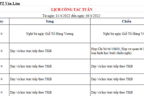 Lịch công tác tuần 31 (từ ngày 11/4/2022 đến ngày 16/4/2022)