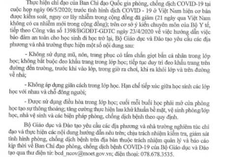 CV số 1583/BGDĐT-GDTC- Thực hiện các biện pháp phòng, chống COVID-19 trong trường học