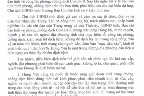 CV số 125/TB-UBND- Kết luận của Chủ tịch UBND tỉnh Nguyễn Văn Phóng, Trưởng Ban Chỉ đạo phòng, chống dịch Covid-19 tại cuộc họp Ban chỉ đạo tỉnh