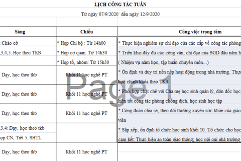 Lịch tuần 1 (từ ngày 07/9/2020 đến ngày 12/9/2020)