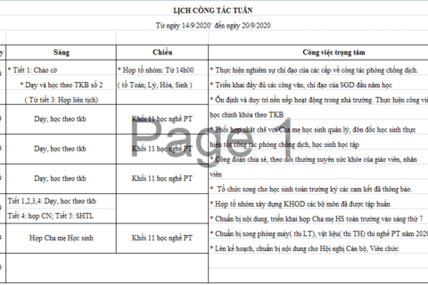 Lịch tuần 2 (từ ngàỳ 14/9/2020 đến ngày 20/9/2020)