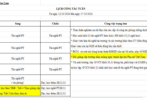 Lịch tuần 6 (từ ngày 12/10/2020 đến ngày 17/10/2020)