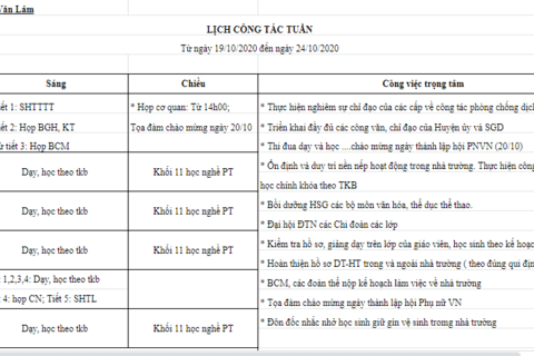 Lịch tuần 7 (từ ngày 19/10/2020 đến ngày 24/10/2020)