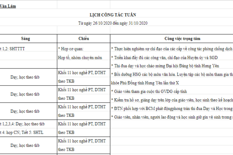 Lịch tuần 8 (từ 26/10/2020 đến ngày 31/10/2020)