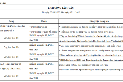 Lịch tuần 9 (từ ngày 02/11/2020 đến ngày 07/11/2020)