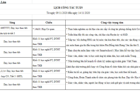 Lịch tuần 10 (từ ngày 09/11/2020 đến ngày 14/11/2020)