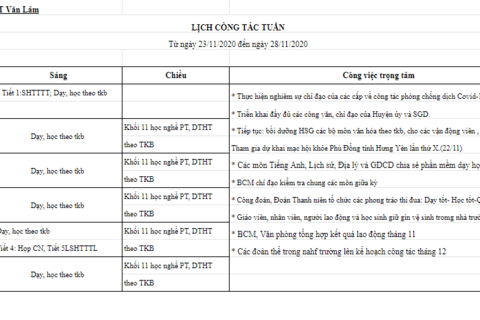 Lịch tuần 12 (từ ngày 23/11/2020 đến ngày 28/11/2020)