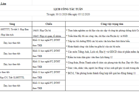Lịch làm việc tuần 13 (từ ngày 30/11/2020 đến ngày 05/12/2020)