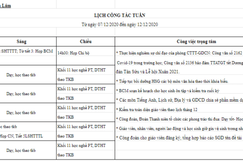 Lịch tuần 14 (từ ngày 07/12/2020 đến ngày 12/12/2020)