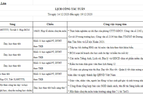 Lịch tuần 15 (từ ngày 14/12/2020 đến ngày 19/12/2020)